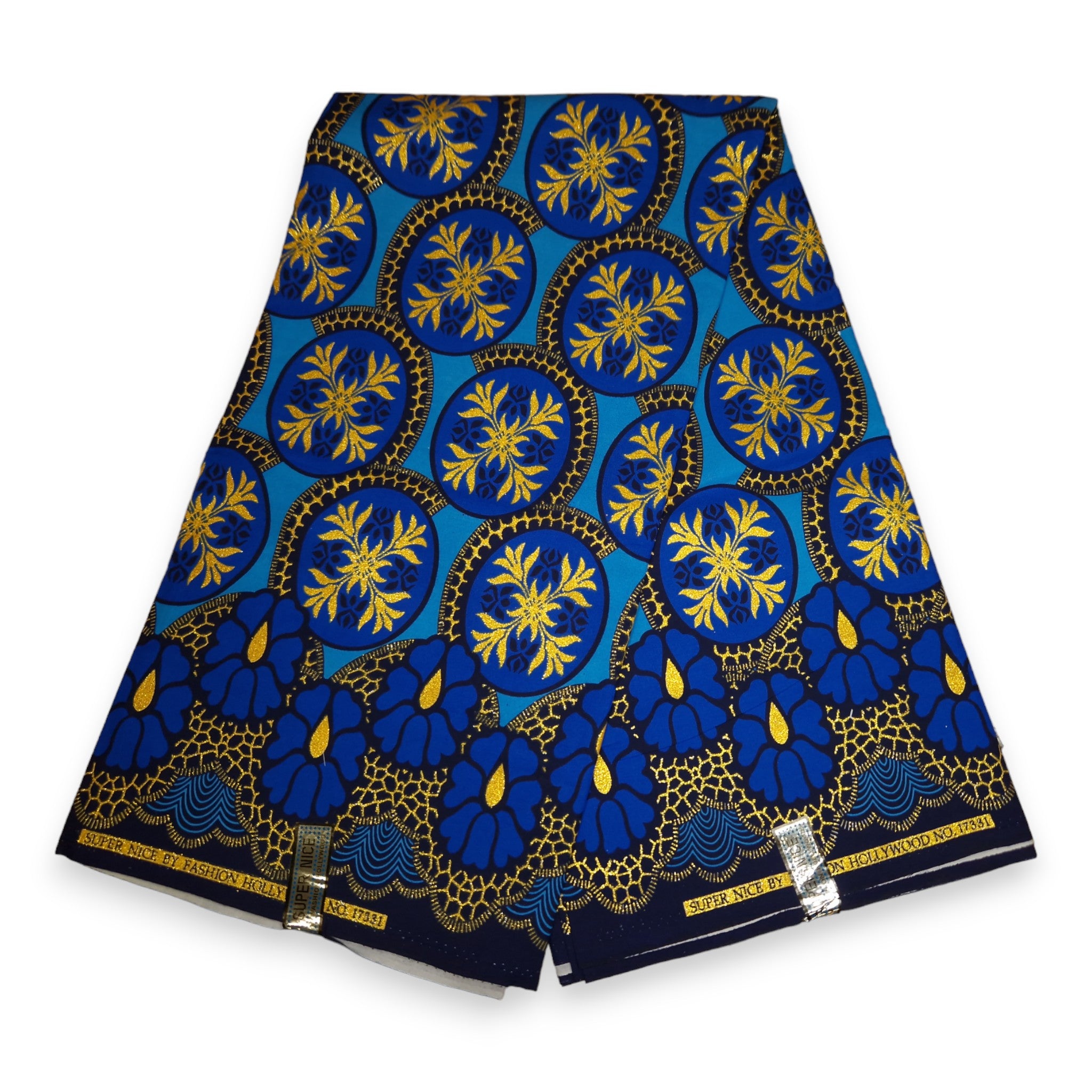 Tela estampada africana - Efectos exclusivos de purpurina embellecida 100% algodón - KT-3080 Oro Azul