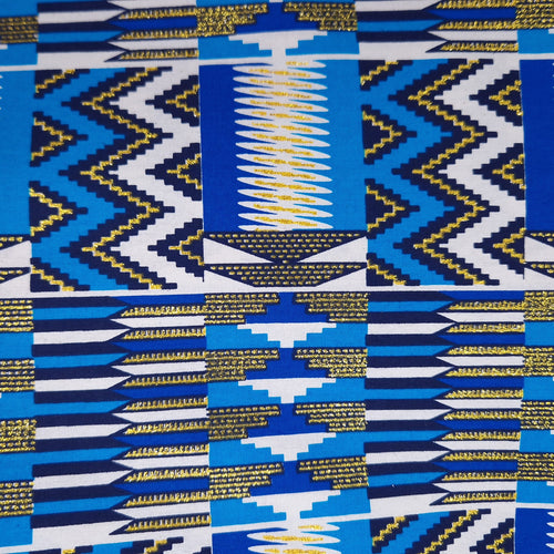 Tela estampada africana - Efectos exclusivos de purpurina embellecida 100% algodón - KT-3084 Kente Oro Azul