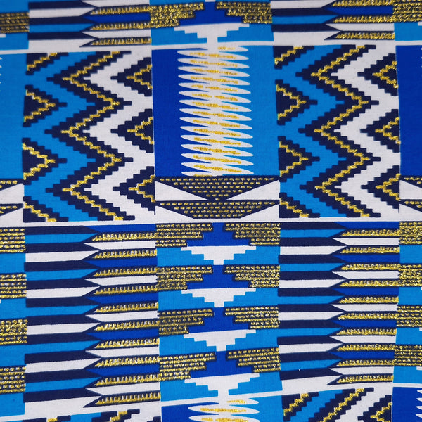 Tela estampada africana - Efectos exclusivos de purpurina embellecida 100% algodón - KT-3084 Kente Oro Azul