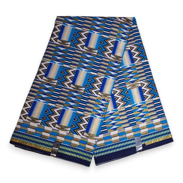 Tela estampada africana - Efectos exclusivos de purpurina embellecida 100% algodón - KT-3084 Kente Oro Azul