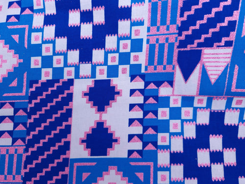 Tela estampada africana - Efectos exclusivos de purpurina embellecida 100% algodón - KT-3124-SALE Azul Rosa Dorado Kente