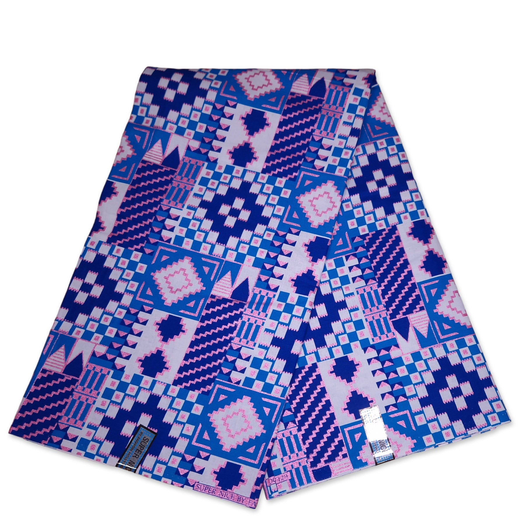 Tela estampada africana - Efectos exclusivos de purpurina embellecida 100% algodón - KT-3124-SALE Azul Rosa Dorado Kente