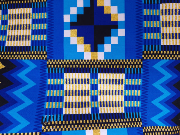 Tela estampada africana - Efectos exclusivos de purpurina embellecida 100% algodón - KT-3126 Kente Oro Azul