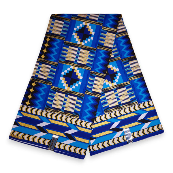 Tela estampada africana - Efectos exclusivos de purpurina embellecida 100% algodón - KT-3126 Kente Oro Azul