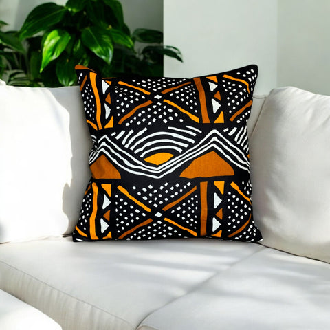 funda de almohada africana | Negro / naranja mud - Cojín decorativo 45x45cm - 100% Algodón