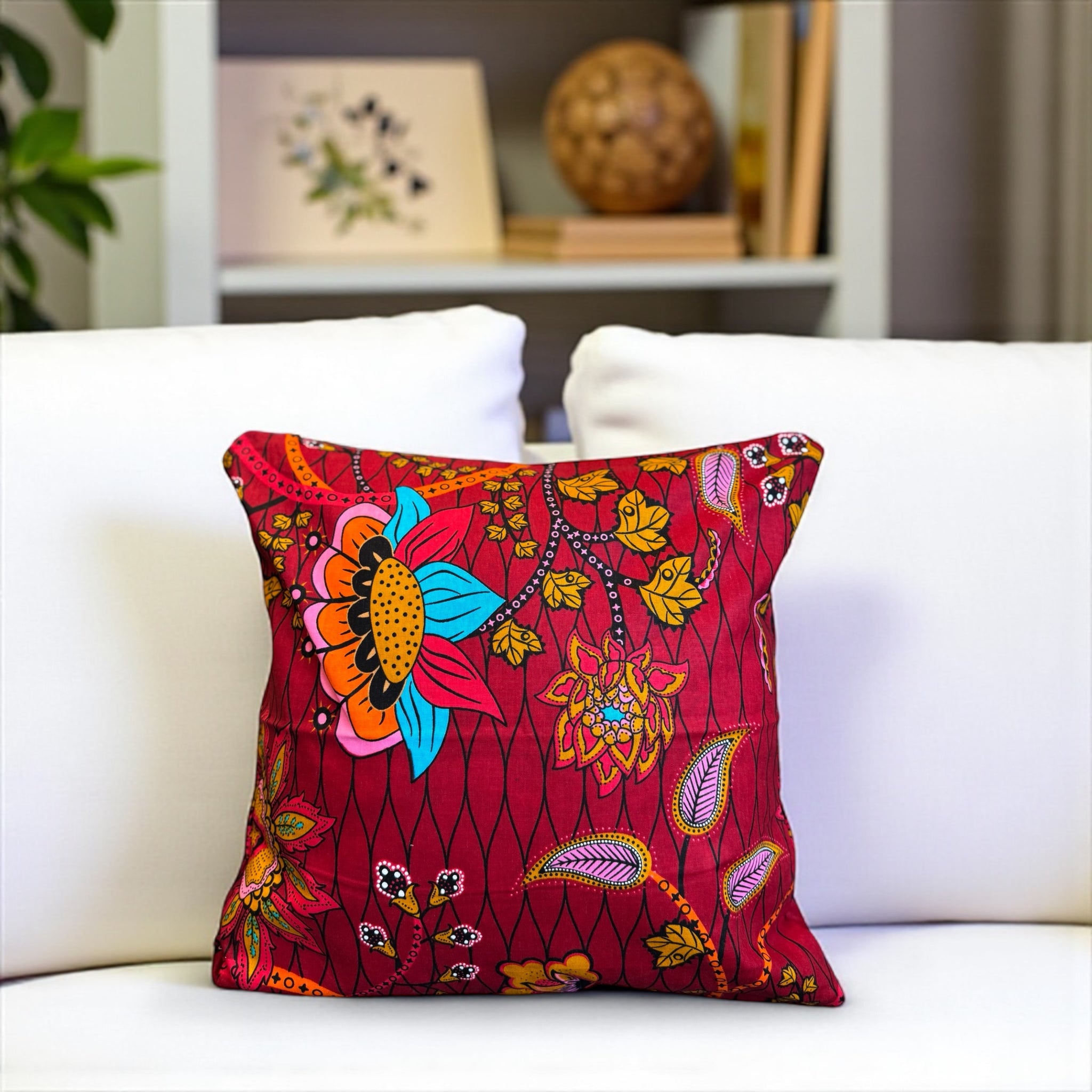 funda de almohada africana | RojRojo oscuro & Amarillo Botanical Flow - Cojín decorativo 45x45cm - 100% Algodón