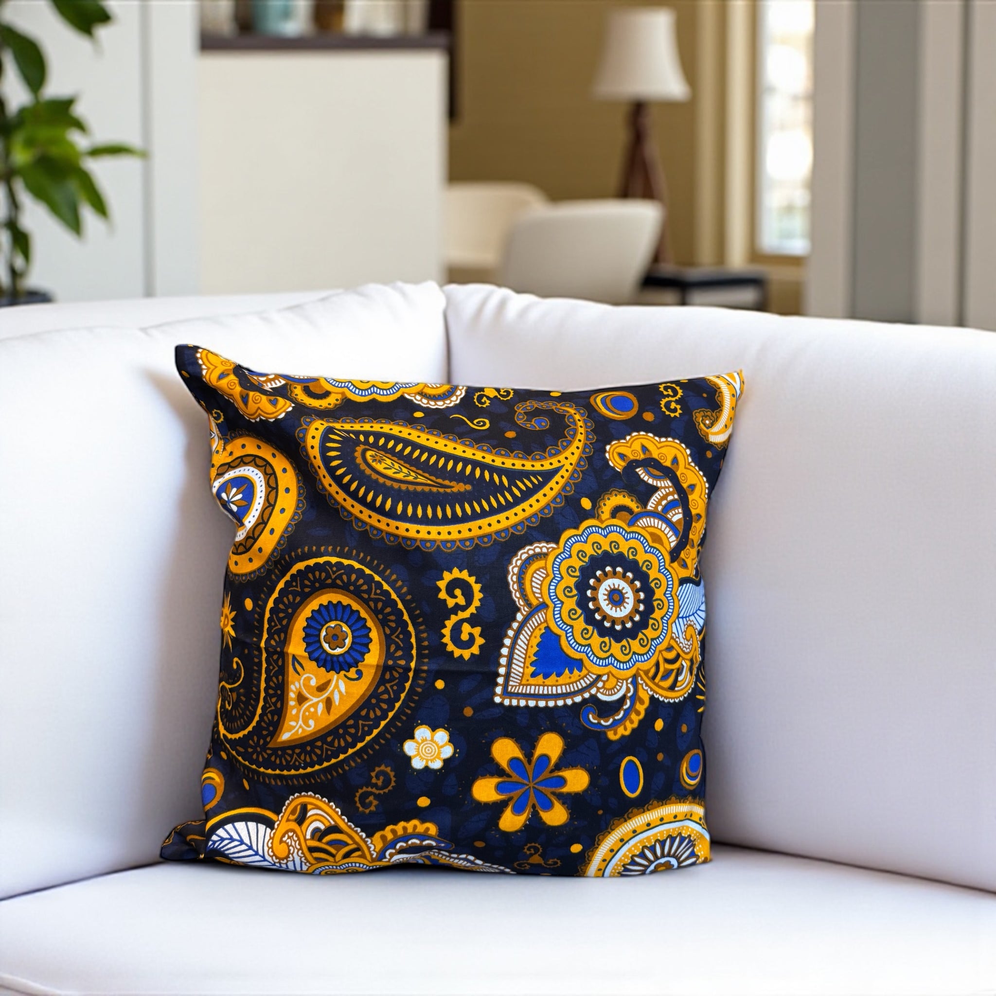 funda de almohada africana | Azul marino Amarillo Paisley - Cojín decorativo 45x45cm - 100% Algodón