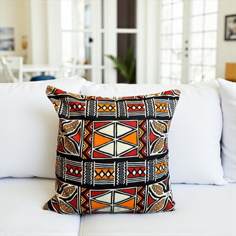 funda de almohada africana | Rojo & Naranja Bogolan Symbols - Cojín decorativo 45x45cm - 100% Algodón