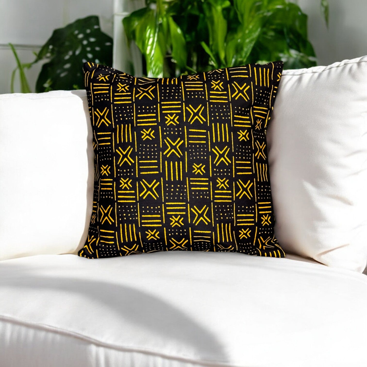 funda de almohada africana | Negro / Amarillo Bogolan - Cojín decorativo 45x45cm - 100% Algodón