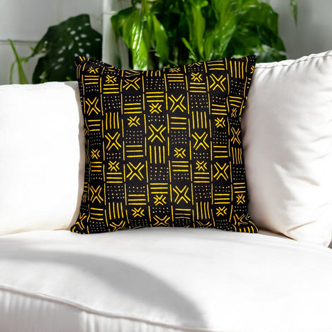 funda de almohada africana | Negro / Amarillo Bogolan - Cojín decorativo 45x45cm - 100% Algodón