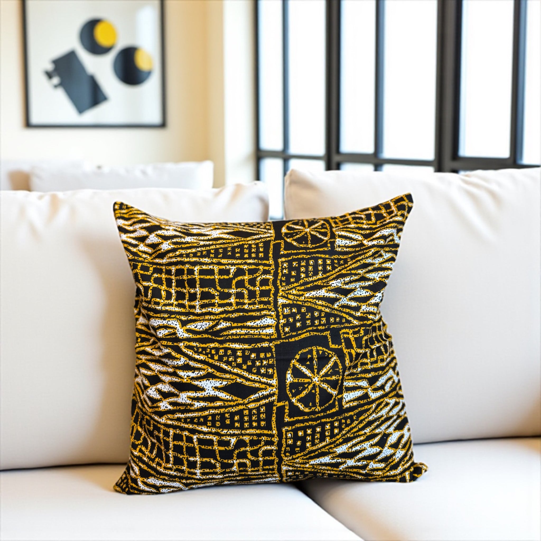 funda de almohada africana | Negro Amarillo Ndop Cameroon - Cojín decorativo 45x45cm - 100% Algodón