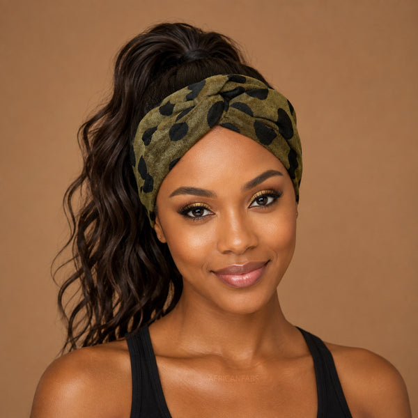 Flexible Metal Wire Headband - Olive Black Dots Suedelook