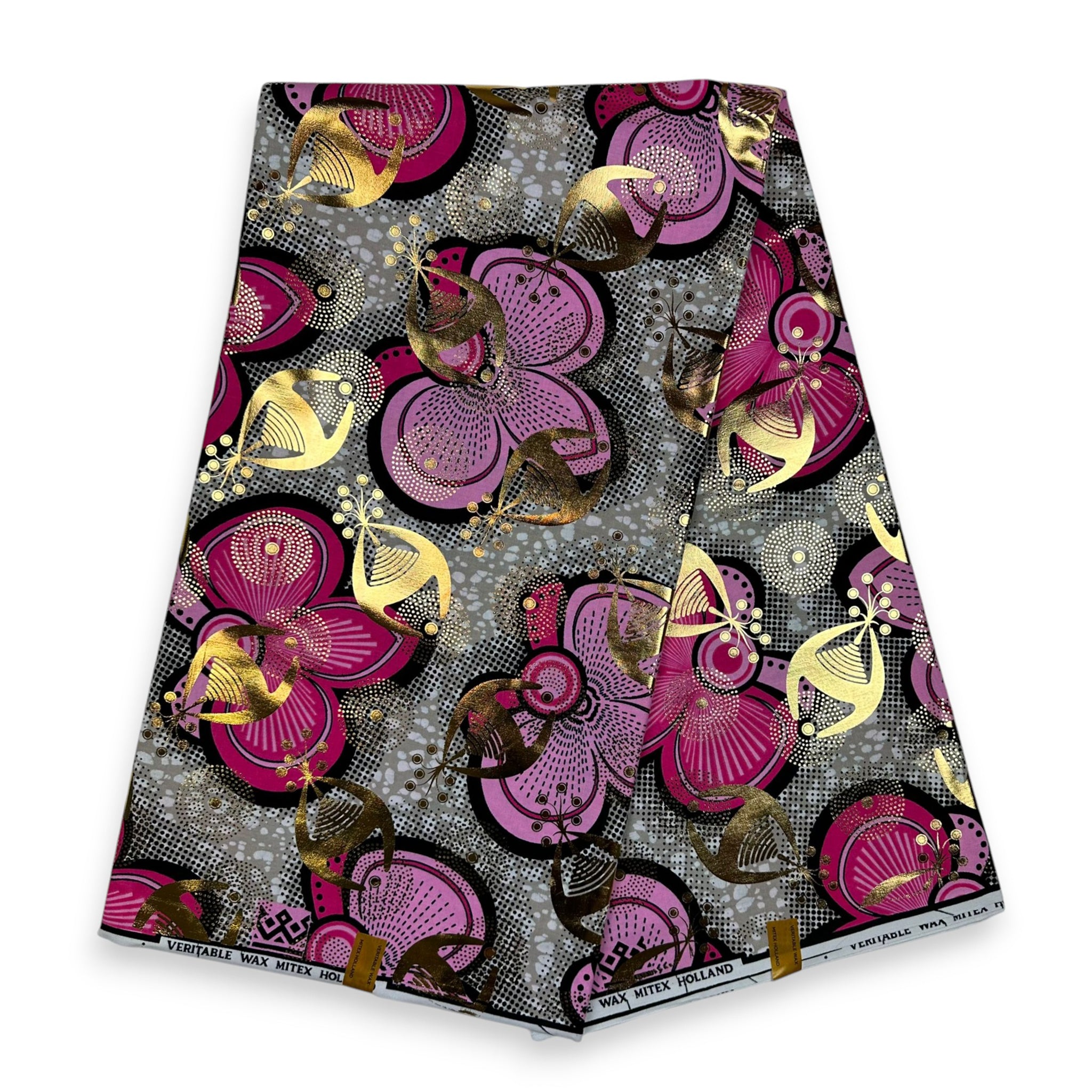Tela estampada Wax africana -  Efectos dorados - Rosa Bows