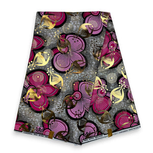 Tela estampada Wax africana -  Efectos dorados - Rosa Bows