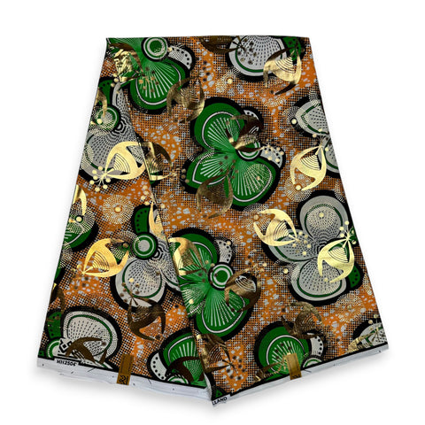 Tela estampada Wax africana -  Efectos dorados - Verde Bows