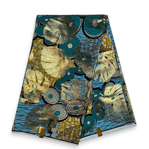 Tela estampada Wax africana -  Efectos dorados - Azul claro Disks