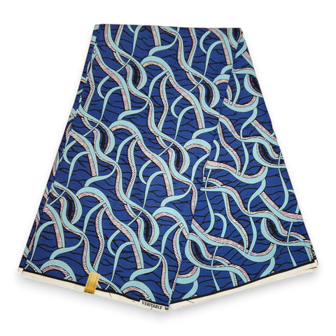 Tela estampada Wax africana - Azul Strings - 100% algodón