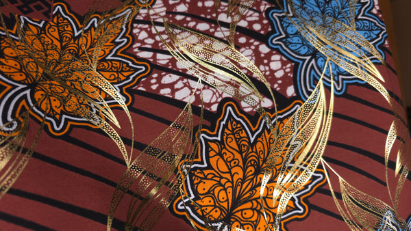 Tela estampada Wax africana - Marrón Oro Autumn Leaf - Efecto especial Brillante Edición Platino