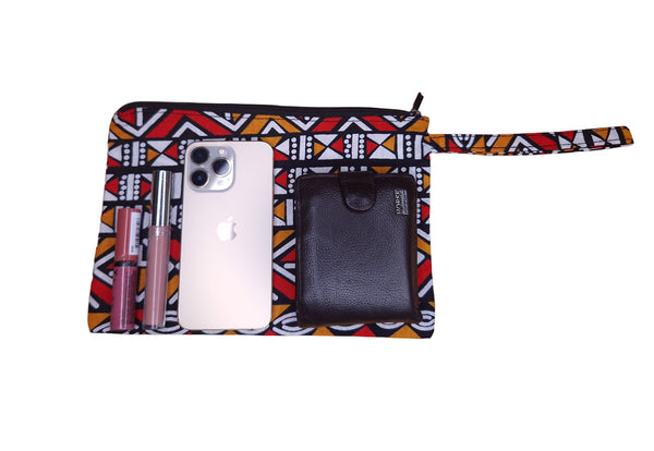 Estuche de maquillaje / Estuche de lápices con estampado africano -  Bogolan rojo / naranja