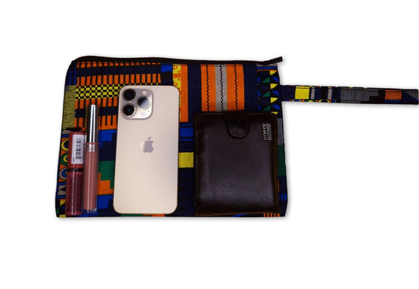 Estuche de maquillaje / Estuche de lápices con estampado africano - Kente azul / naranja