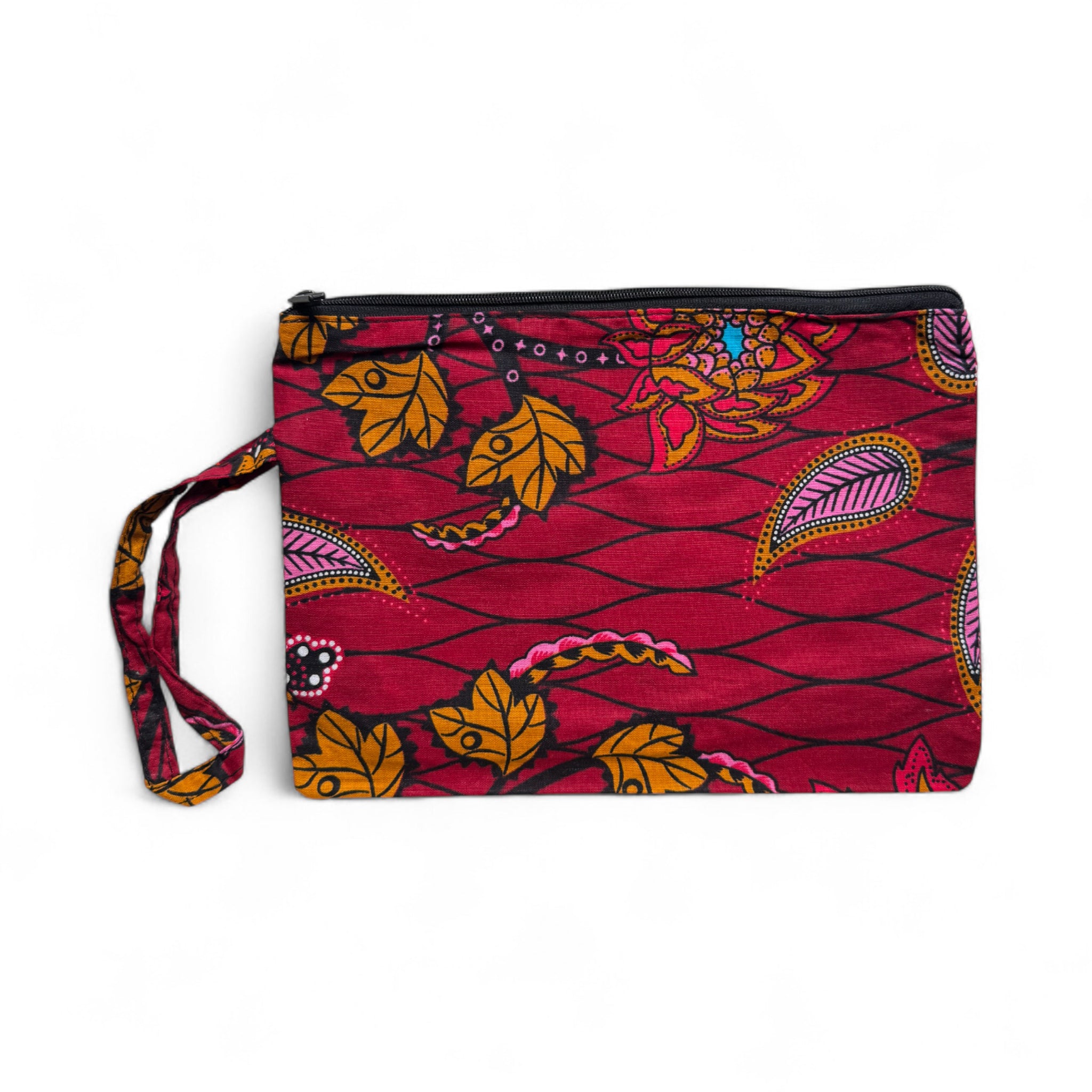 Estuche de maquillaje / Estuche de lápices con estampado africano - Rojo oscuro & Amarillo Botanical Flow