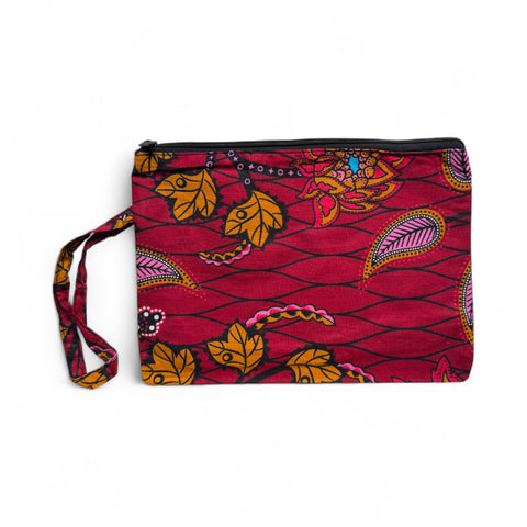 Estuche de maquillaje / Estuche de lápices con estampado africano - Rojo oscuro & Amarillo Botanical Flow