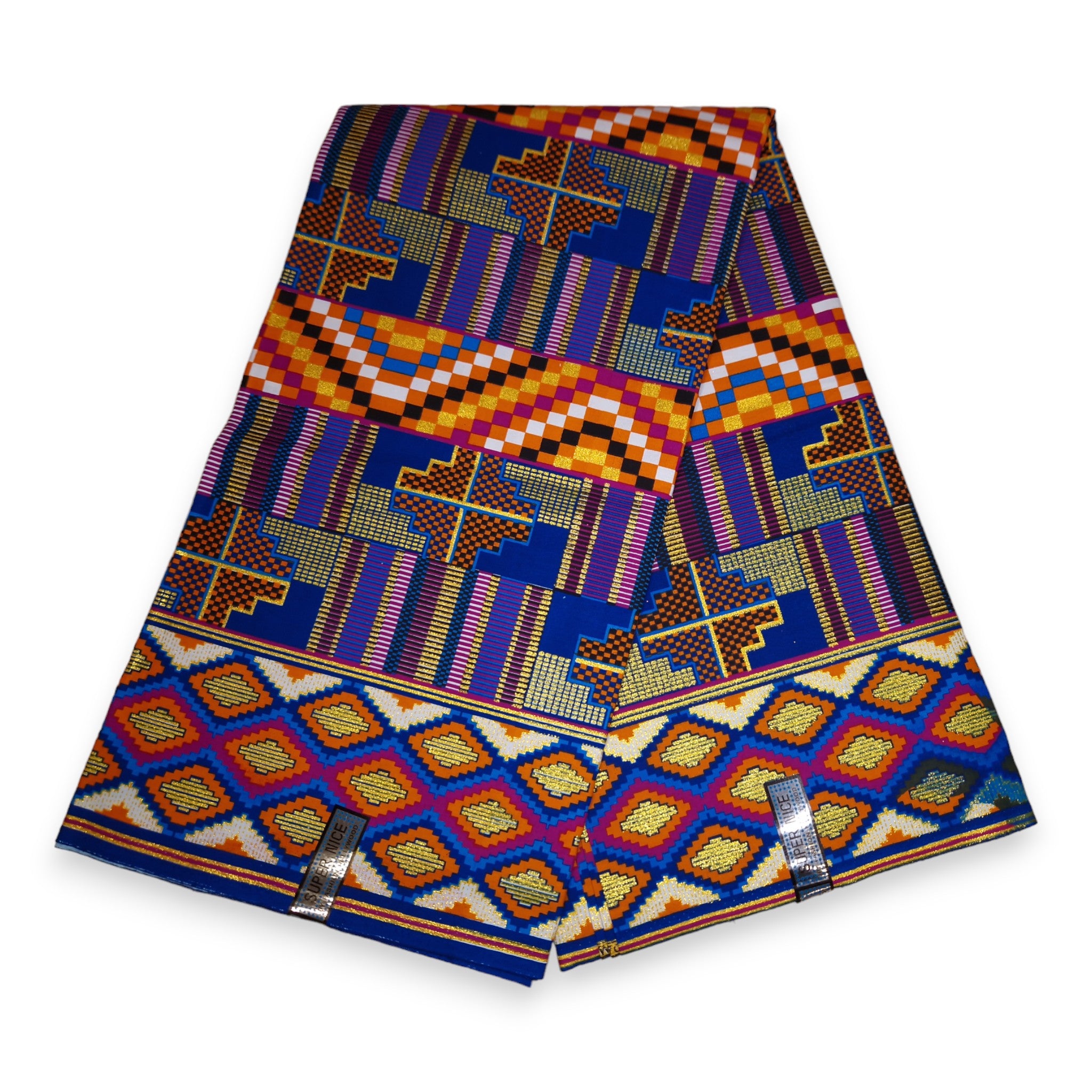 Tela estampada africana - Efectos exclusivos de purpurina embellecida 100% algodón - PO-5005 Kente Azul Oro