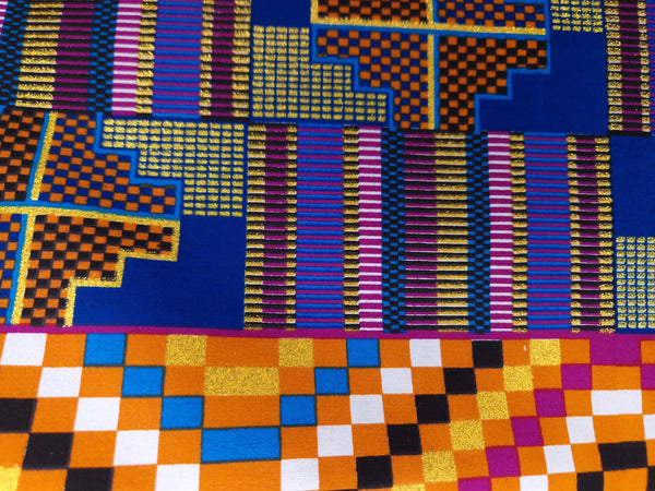 Tela estampada africana - Efectos exclusivos de purpurina embellecida 100% algodón - PO-5005 Kente Azul Oro