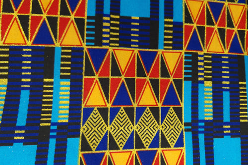 Tela estampada africana - Efectos exclusivos de purpurina embellecida - poliéster - PO-5011 Oro Azul Kente