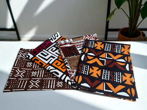 4 Fat quarters - Telas Quilting Marrón Bogolan mix / Telas patchwork - Tela estampada africana