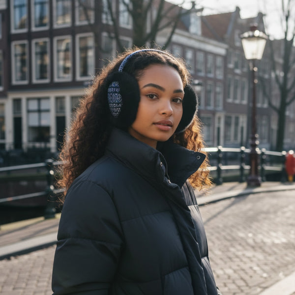 Orejeras con Estampado Africano - Calentadores de Orejas de Invierno Plegables - Azul Bogolan