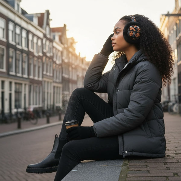 Orejeras con Estampado Africano - Calentadores de Orejas de Invierno Plegables - Bogolan cruz marrón