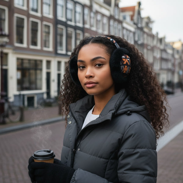 Orejeras con Estampado Africano - Calentadores de Orejas de Invierno Plegables - Bogolan cruz marrón