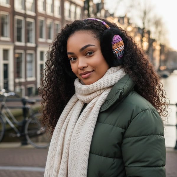 Orejeras con Estampado Africano - Calentadores de Orejas de Invierno Plegables - Naranja rosado tribal