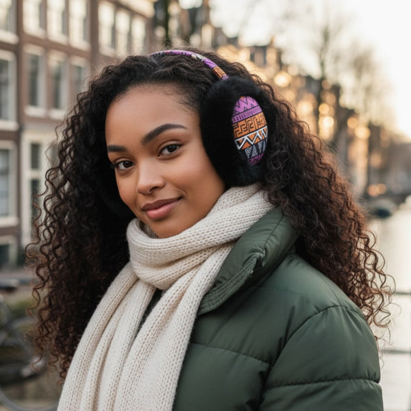 Orejeras con Estampado Africano - Calentadores de Orejas de Invierno Plegables - Naranja rosado tribal