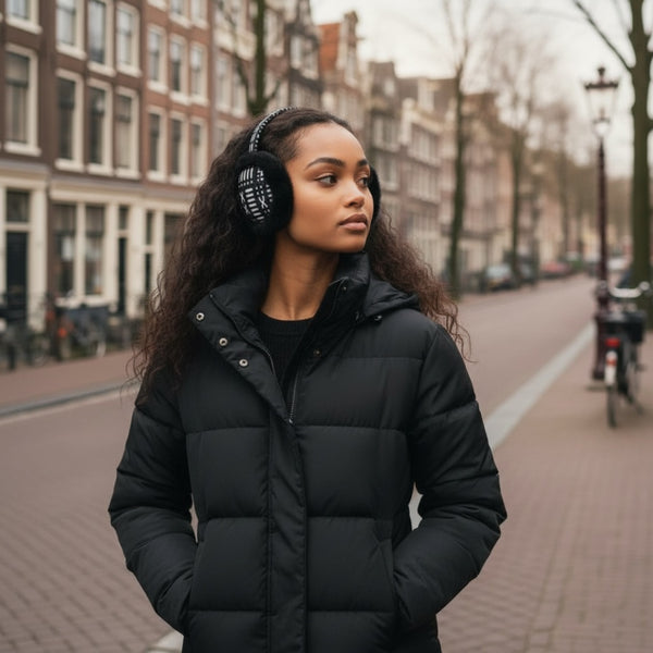 Orejeras con Estampado Africano - Calentadores de Orejas de Invierno Plegables - Negro Blanco Bogolan
