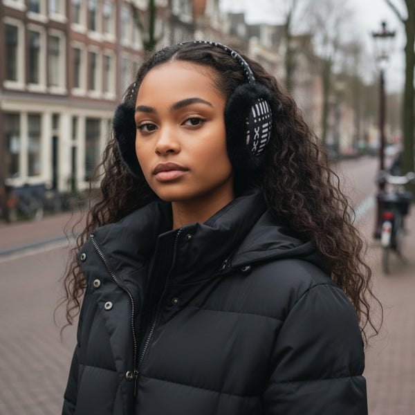 Orejeras con Estampado Africano - Calentadores de Orejas de Invierno Plegables - Negro Blanco Bogolan