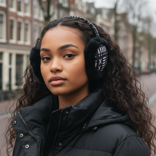 Orejeras con Estampado Africano - Calentadores de Orejas de Invierno Plegables - Negro Blanco Bogolan