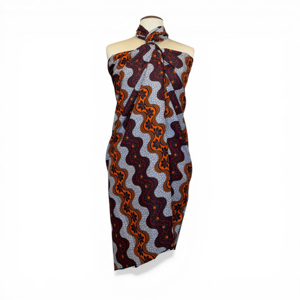Pareo / Sarong - Falda envolvente de playa / pareo portabebés - Rayas onduladas naranja y rojo burdeos con flor