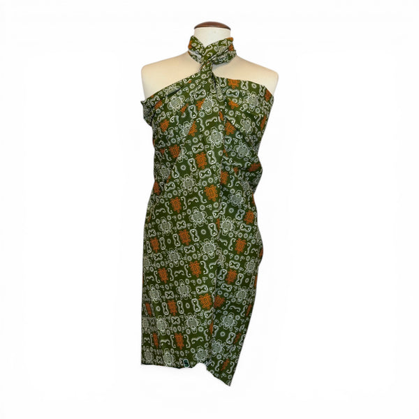 Pareo / Sarong - Falda envolvente de playa / pareo portabebés - Iconos Bogolan verde oliva y naranja