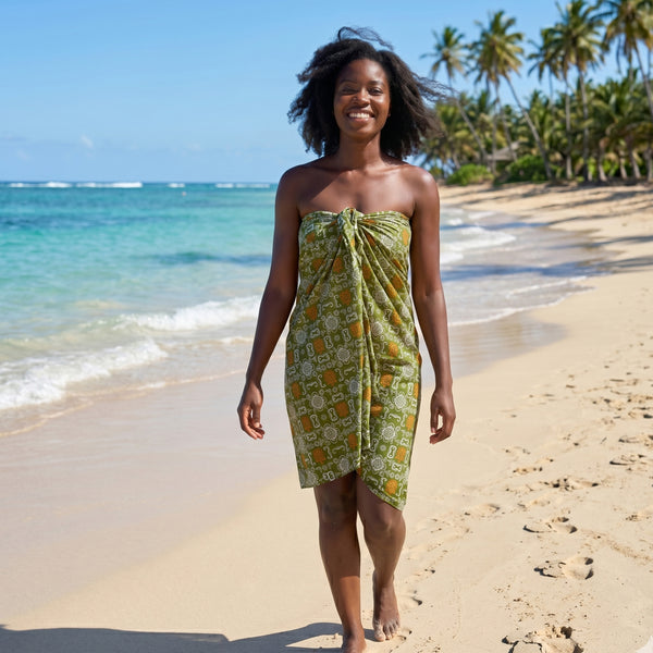 Pareo / Sarong - Falda envolvente de playa / pareo portabebés - Iconos Bogolan verde oliva y naranja