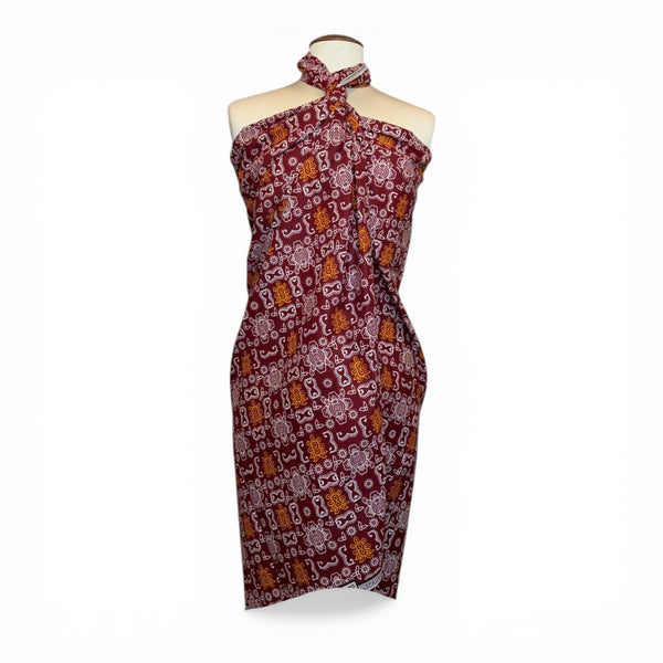 Pareo / Sarong - Falda envolvente de playa / pareo portabebés - Iconos Bogolan rojo burdeos y naranja
