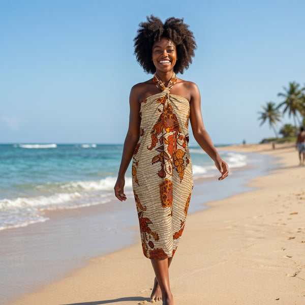 Pareo / Sarong - Falda envolvente de playa / pareo portabebés - Beige / flor amarilla