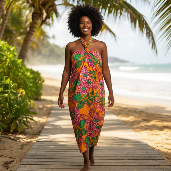 Pareo / Sarong - Falda envolvente de playa / pareo portabebés - Naranja Rosa Floral Vines