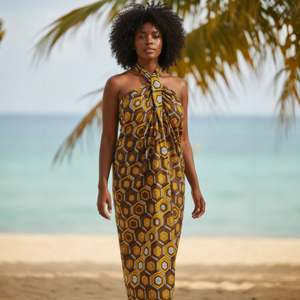 Pareo / Sarong - Falda envolvente de playa / pareo portabebés - Marrón Hexagon