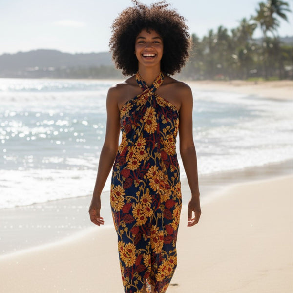 Pareo / Sarong - Falda envolvente de playa / pareo portabebés - Azul y Amarillo Floral Vines 