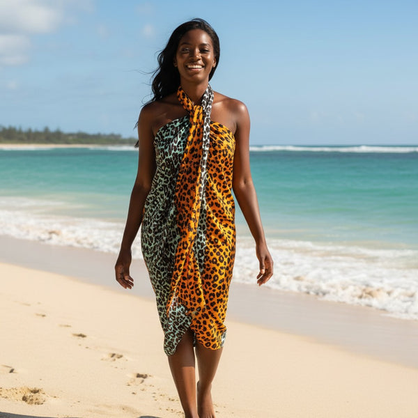Pareo / Sarong - Falda envolvente de playa / pareo portabebés - Panter / naranja / turquesa