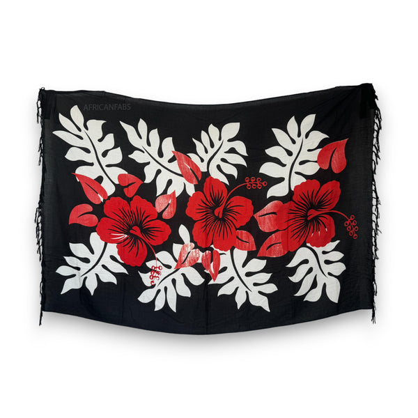 Pareo / Sarong - Falda envolvente de playa -Negro / rojo hibiscus flower