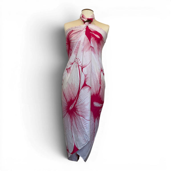 Pareo / Sarong - Falda envolvente de playa - Rojo Blanco Hibiscus Breeze