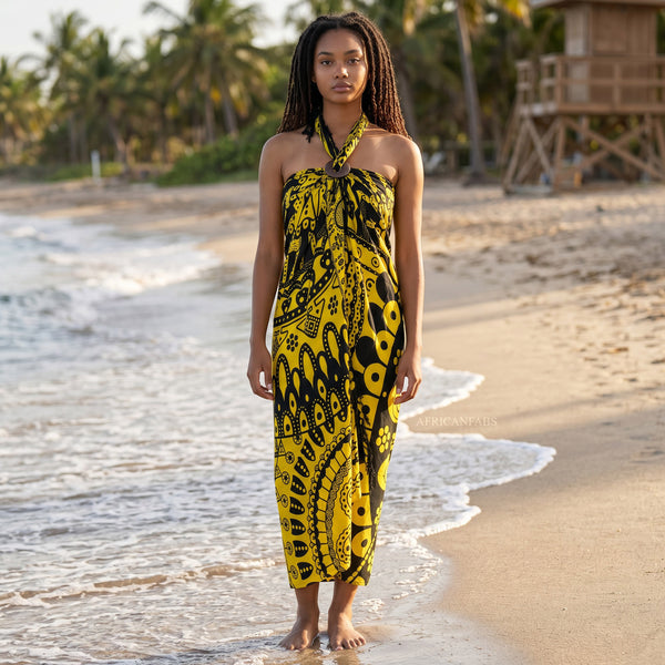 Pareo / Sarong - Falda envolvente de playa - Mandala negro / amarilla